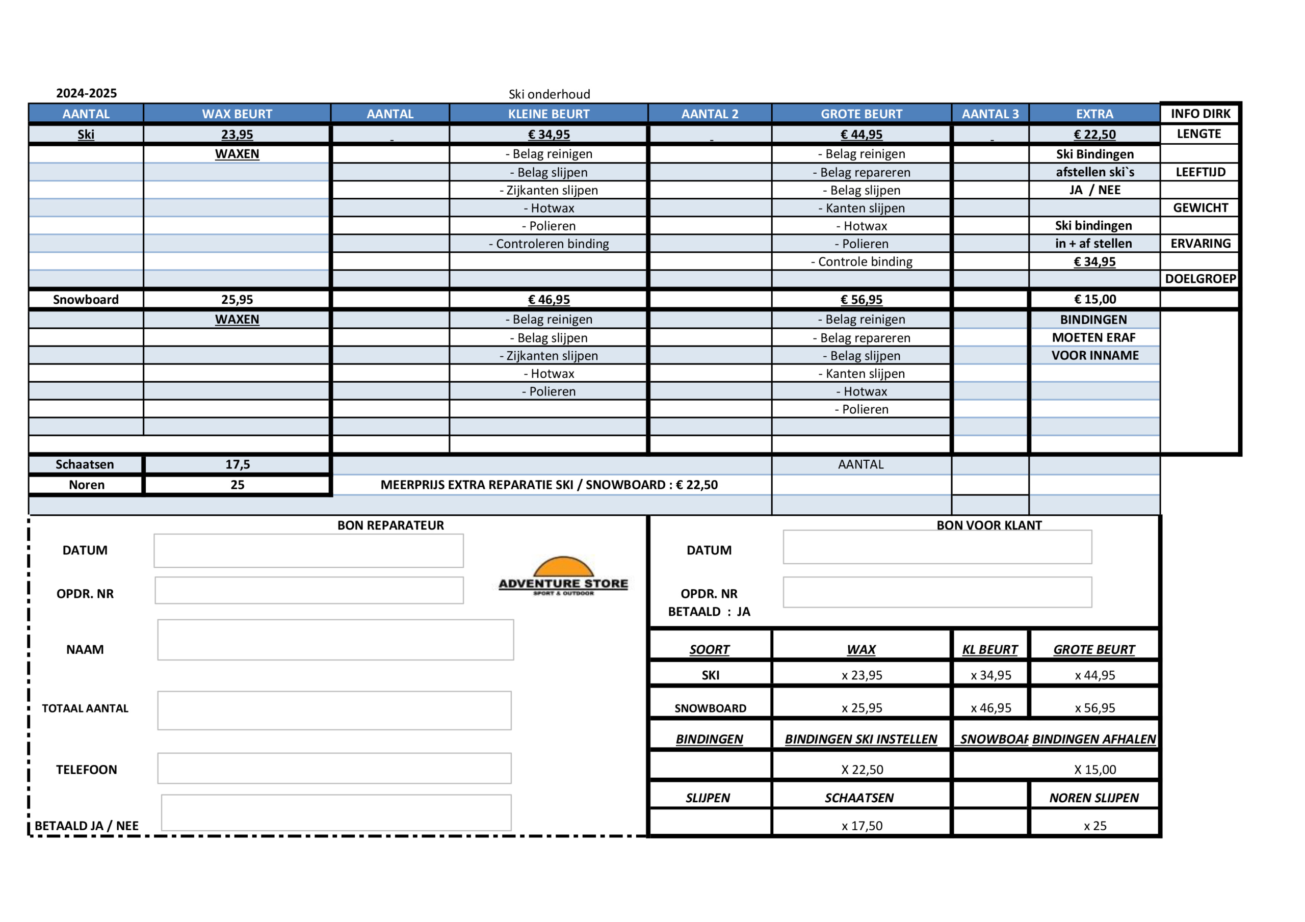 Ski, snowboard, schaatsen onderhoud prijzenlijst 2024 en 2025.